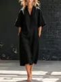 Élégante robe longue noire femme col V manches courtes boutonnée avec poches pratiques - S / Robes / Noir