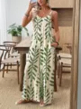 Femme impression de feuille tropicale combinaison longue sans manches col V poche - S / Vert