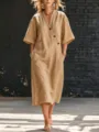 Robe midi kaki col V manches courtes poches, robe longue été décontractée ample. - S / Robes / Kaki