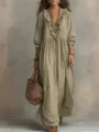 Robe longue décontractée à rayures, col V, manches longues, volants et taille haute élégante. - S / Robes / Vert matcha