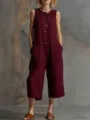Combinaison sans manches en lin avec boutons et poches pour femme style retro casual ete. - S / Combinaisons / Bordeaux