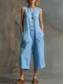 Combinaison sans manches en lin pour femme, élégante tenue ample et décontractée d'été. - Bleu ciel