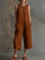 Combinaison sans manches cropped à jambes larges pour femme, style lin rétro décontracté. - S / Combinaisons / Beige