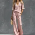 Pink cotton linen two piece set short sleeve lace top wide leg trousers summer casual outfit - Pink