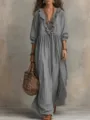 Robe longue maxi décontractée à rayures grises col V manches longues volantées pour femmes. - S / Robes / Gris