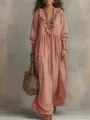 Robe longue maxi rose décontractée à rayures volants manches longues col V femme - S / Robes / Rose