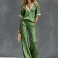 Green cotton linen two-piece set with V-neck lace short sleeve top and high waist wide leg pants. - Green