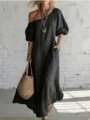 Robe longue femme épaules dénudées ample coton style élégant vacances plage mode chic - S / Robes / Noir