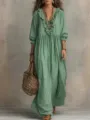 Women Green Striped Maxi Dress Ruffle V-Neck Long Sleeve High Waist Casual Long Dresses - Green