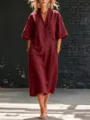 Femme Été Col V Manches Courtes Boutonné Poche Casual Ample Robe Longue Élégante Mode - Bordeaux