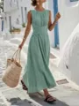 Sleeveless Crewneck Long Maxi Dress Sage Green Casual Summer Beach Wear Slim Fit Dress - XS / Dresses / Light Green