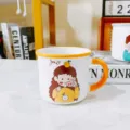 Cute ceramic coffee mug detail, cartoon girl pattern, yellow rim handle, daily drink cup. - 320ml / Orange Girl
