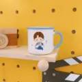 Cute cartoon ceramic mug with blue rim and handle, perfect for daily coffee, milk, or breakfast use. - 301-400ml / Blue