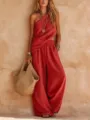 Vue détaillée de l'ensemble décontracté en lin pour femme, haut asymétrique et pantalon. - S / Haut Et Bas / Rouge