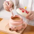 Pink cake ceramic mug with strawberry lid and spoon, cute breakfast coffee cup for gift. - 400ml / Pink
