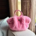 Modische Rosa Kunstfell Handtasche Pluesch Zottelige Tote Tasche Designer Eimer Tasche - Rosa