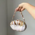 Acrylic shell evening bag with beaded handle, elegant clutch for party and wedding events. - Khaki