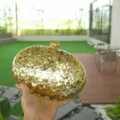 Detailed view of the elegant gold glitter acrylic oval evening clutch bag handheld in outdoor setting - Gold