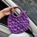 Purple canvas handbag with wooden handle and shiny stone embellishments for women. - Purple