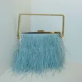 Elegante hellblaue Feder-Abendtasche mit einem schicken Gold-Metallrahmen-Griff. - Himmelblau