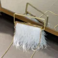 Detailansicht der weißen Feder-Abendtasche mit zarter Textur und elegantem Goldrahmen. - Weiß
