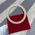 Rote Samt Abendtasche mit Strass Metall Rundgriff, elegante Mode kleine quadratische Tasche. - Burgunderrot