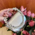 Silver metallic evening handbag with rhinestone handle, trendy stylish women handbag accessory. - Leather Silver