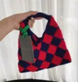 Handmade crochet checkerboard tote bag red and blue knit handbag for women casual daily use - With Tag / Red & Black