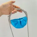 Blue satin mini evening bag with rhinestone circular handle and silver chain strap variant. - Fluorescent Blue