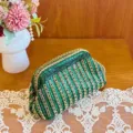 Green rhinestone evening clutch bag, elegant crystal beaded dumpling purse for women party. - Green