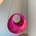 Pink Metallic Acrylic Ring Crossbody Bag Chic Crescent Handbag Trendy Statement Evening Bag - Rose Red