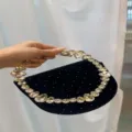 Elegant black velvet evening bag with crystal handle and chic polka dot rhinestones. - Velvet Polka Dot Black