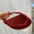 Red velvet evening handbag with crystal rhinestone handle and polka dots for women stylish. - Velvet Polka Dot Red