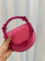 Pink crystal embellished round handle handbag, elegant evening party shoulder purse. - Silk Rose Red