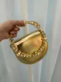Gold Metallic Evening Handbag with Chunky Rhinestone Ring Handle for Women Party - Leather Gold