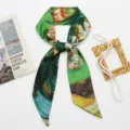 Sciarpa lunga in seta verde twilly, nastro per capelli con stampa d'arte vintage e accessorio borsa. - Seta Sintetica Raso-37# (Floreale Stile Van Gogh)