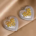 Silver tone heart pendant with gold floral rhinestone DIY jewelry charm accessory 2pcs - 20x22.2mm