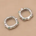Silver square carved filigree bead connectors with green stones for DIY jewelry making. - 11mm (Inner Diameter 6.5mm) / White K (Shiny Silver)