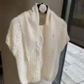 Korean style soft knitted short sleeve sweater with matching triangle scarf set for women. - One Size / White