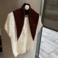 Knitted short sleeve top with triangle scarf detail, cozy Korean style winter sweater. - One Size / Coffee