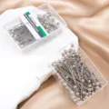Stainless steel dressmaker pins with round pearl heads in clear storage boxes for sewing craft. - 100 Pcs/Box / Silver White