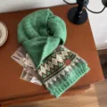 Bufanda de punto colorblock fair isle invierno gruesa cálida vintage accesorio moda acogedora - Diamante Fair Isle - Verde