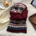 Fair Isle knitted scarf winter warm thick cozy holiday gift casual neck warmer for women. - Burgundy