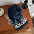 Cozy winter dark blue knitted scarf with lovely heart and snowflake jacquard patterns stylish. - Heart Snowflake Navy Blue
