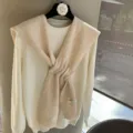 Conjunto de suéter y chal de punto de lana virgen australiana, estilo coreano. - Beige