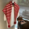 Retro Australian wool striped triangular scarf with pom-poms for women, warm winter accessory. - Striped Red