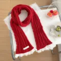 Bufanda de punto roja de invierno con encaje blanco, trenzada gruesa cálida estilo estudiante cuello - Rojo