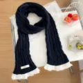 Bufanda de punto de invierno con bonito ribete de encaje blanco estilo coreano cuello - Azul Marino