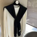 Pull en tricot noir et blanc classique avec ensemble écharpe, matière en laine douce pour femmes - Noir
