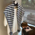 Grey and white striped knit triangular scarf with pom poms, elegant autumn winter warm wrap. - Striped Gray